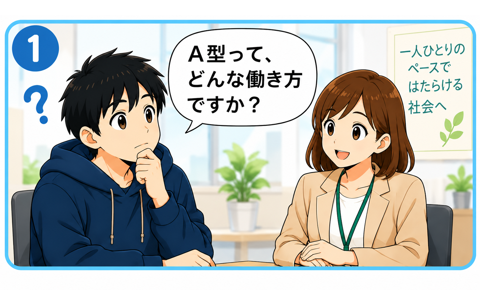 ①「A型って、どんな働き方ですか？」とスタッフに尋ねる青年