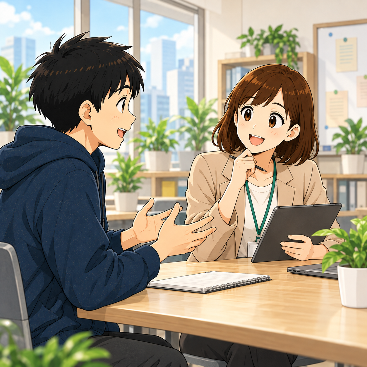 個別サポート：スタッフが主人公と1対1で向き合い、目標について話を聞いている場面