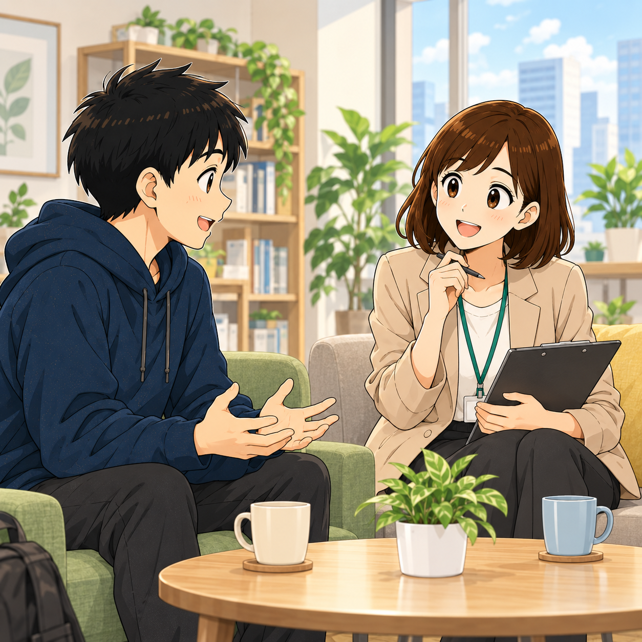 生活サポート：スタッフに生活面の相談をしている場面