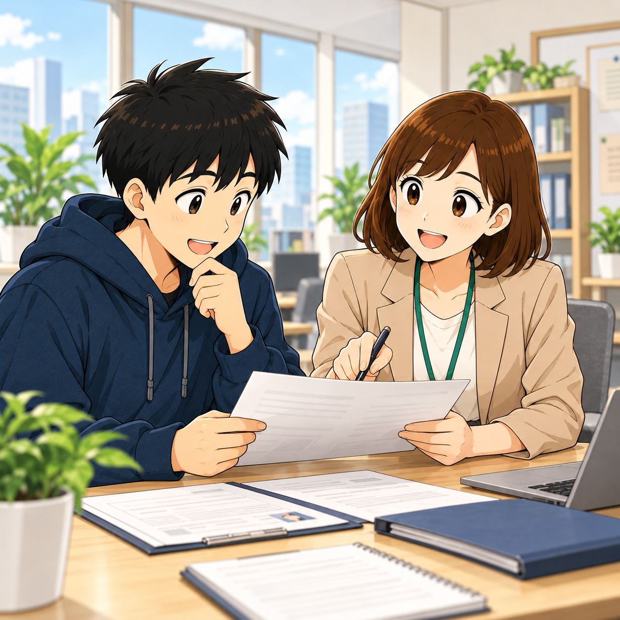 就職サポート：スタッフと一緒に応募書類を確認している場面