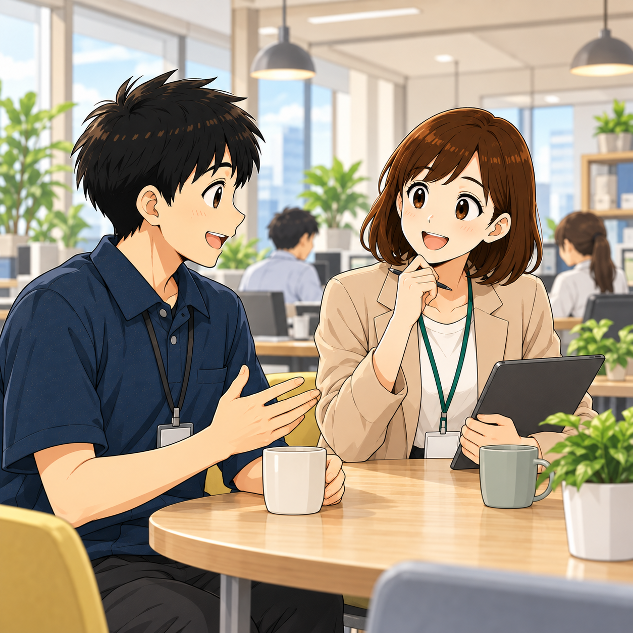 定着支援：就職後、スタッフが主人公の様子を見に来てフォローアップの会話をしている場面