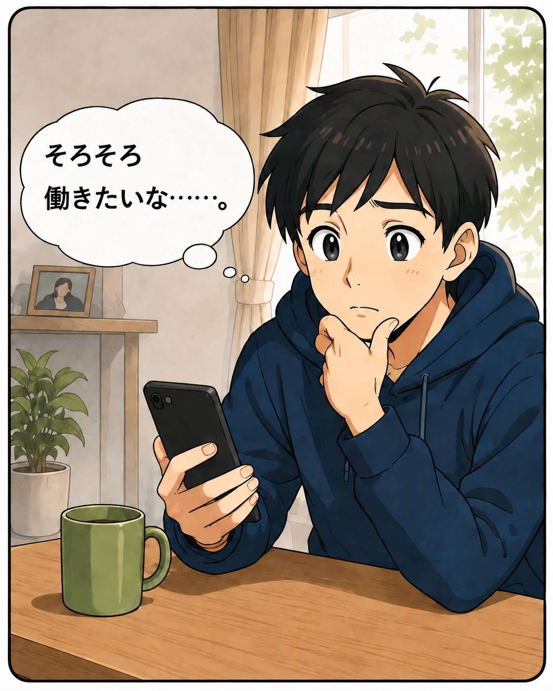 悩みトーク1コマ目：自宅でスマホを見ながら「そろそろ働きたいな……」と考える青年