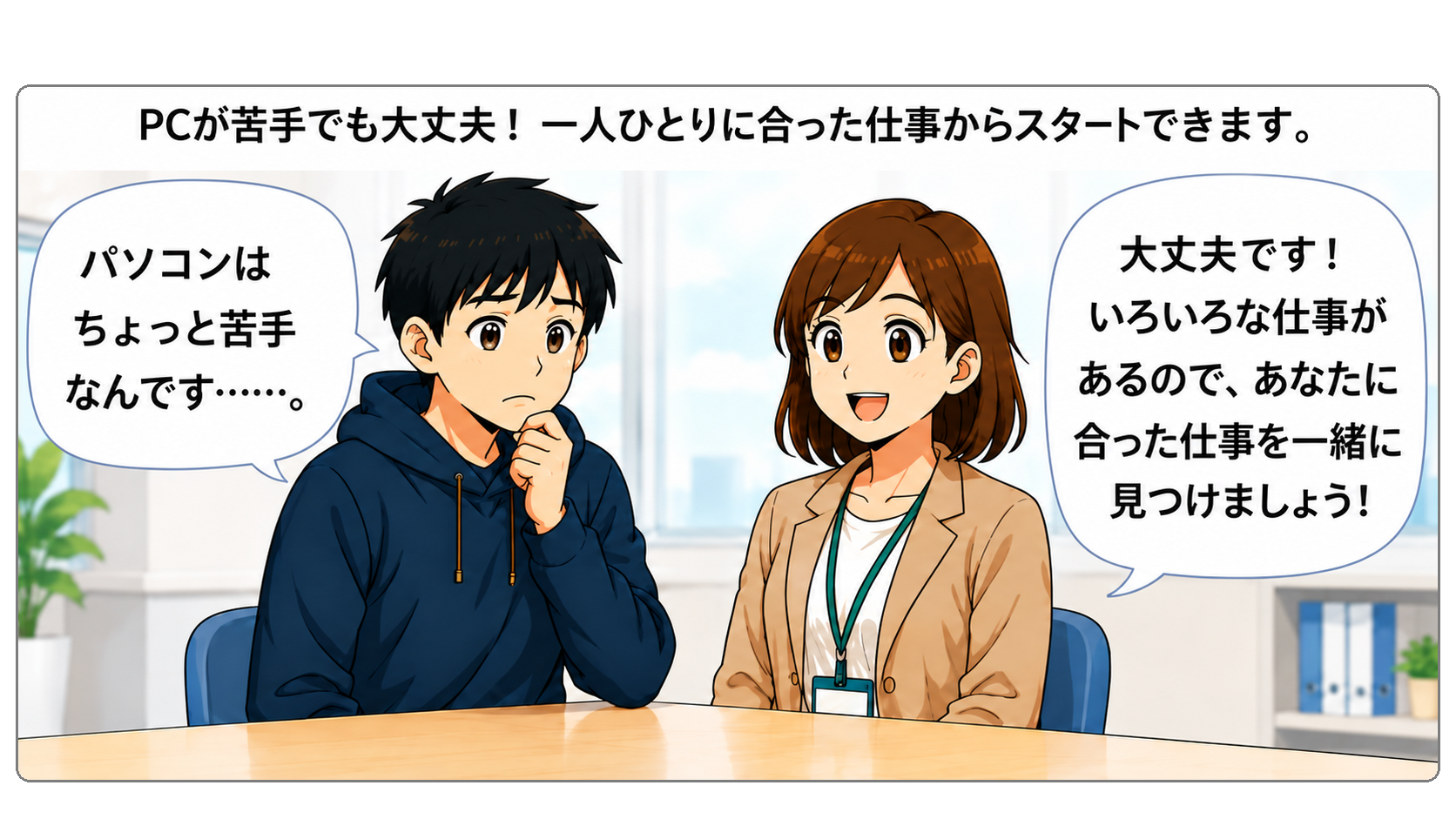 「パソコンはちょっと苦手なんです……。」「大丈夫です！いろいろな仕事があるので、あなたに合った仕事を一緒に見つけましょう！」と話す青年とスタッフ