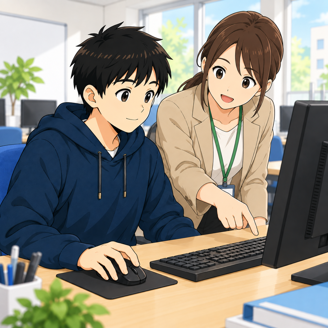 PCの基本的な操作を覚える様子
