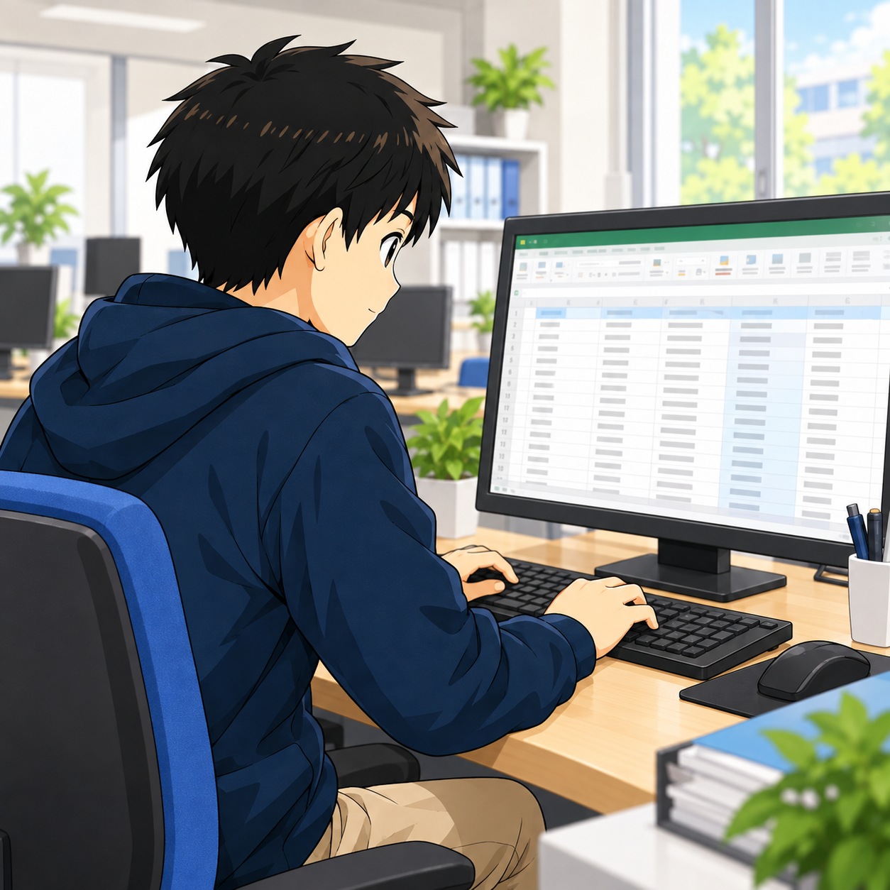 データ入力などの仕事に取り組む様子