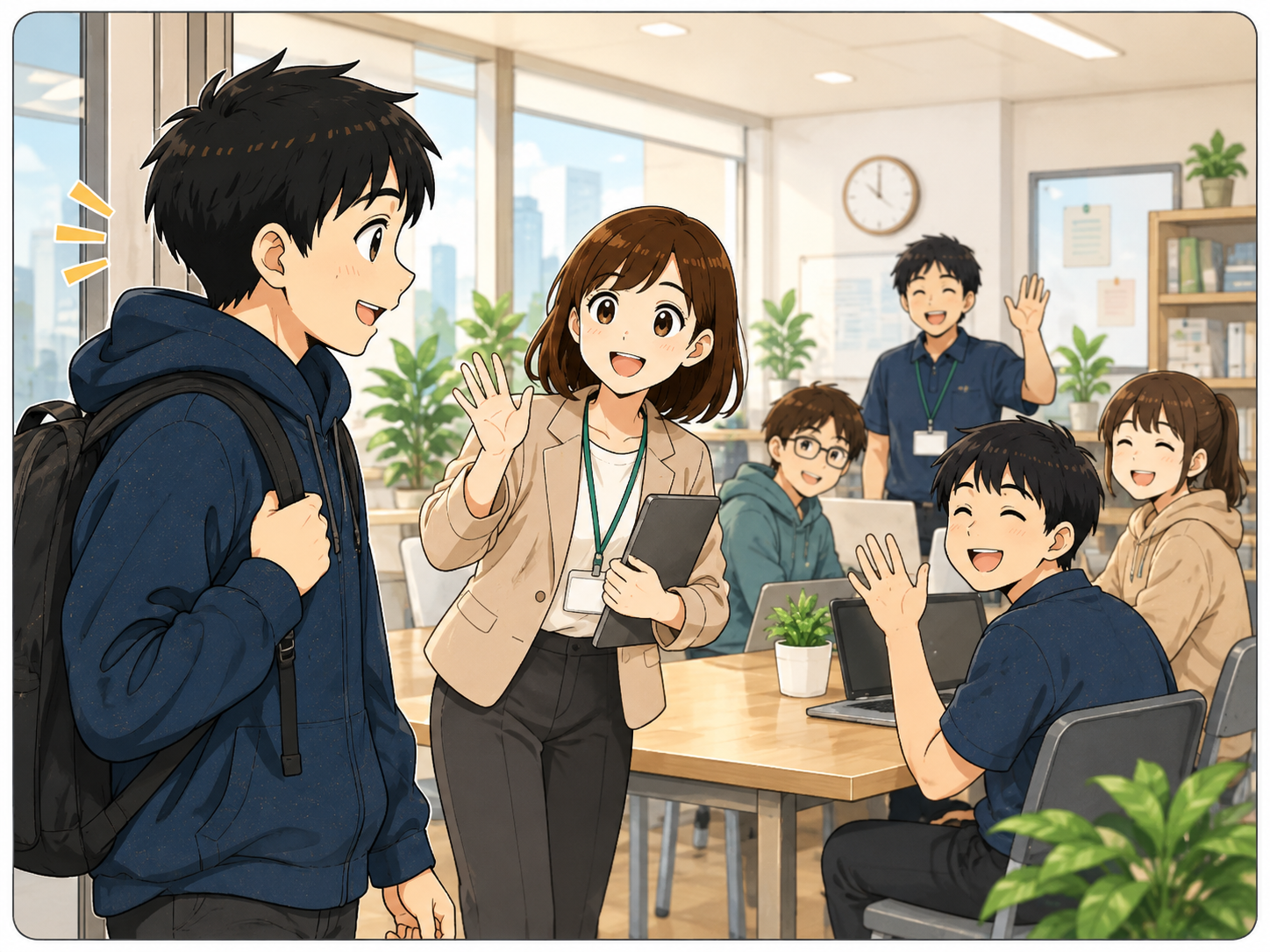 ①出勤して、スタッフや仲間にあいさつをする主人公