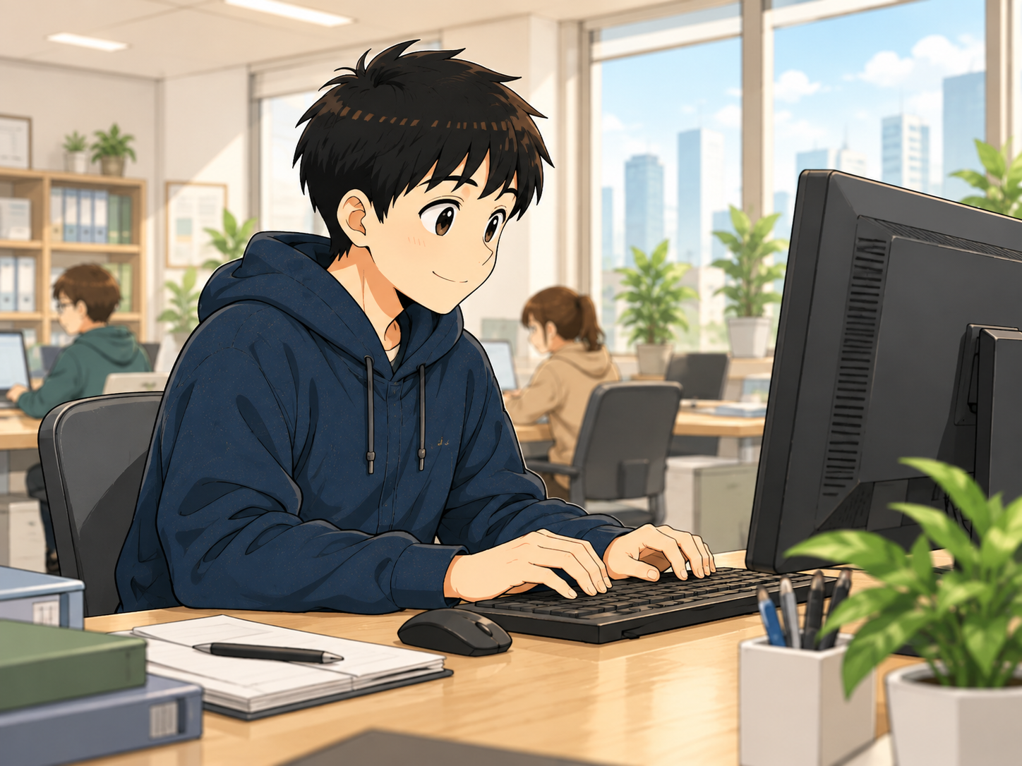 ②午前中、集中してパソコン作業に取り組む主人公