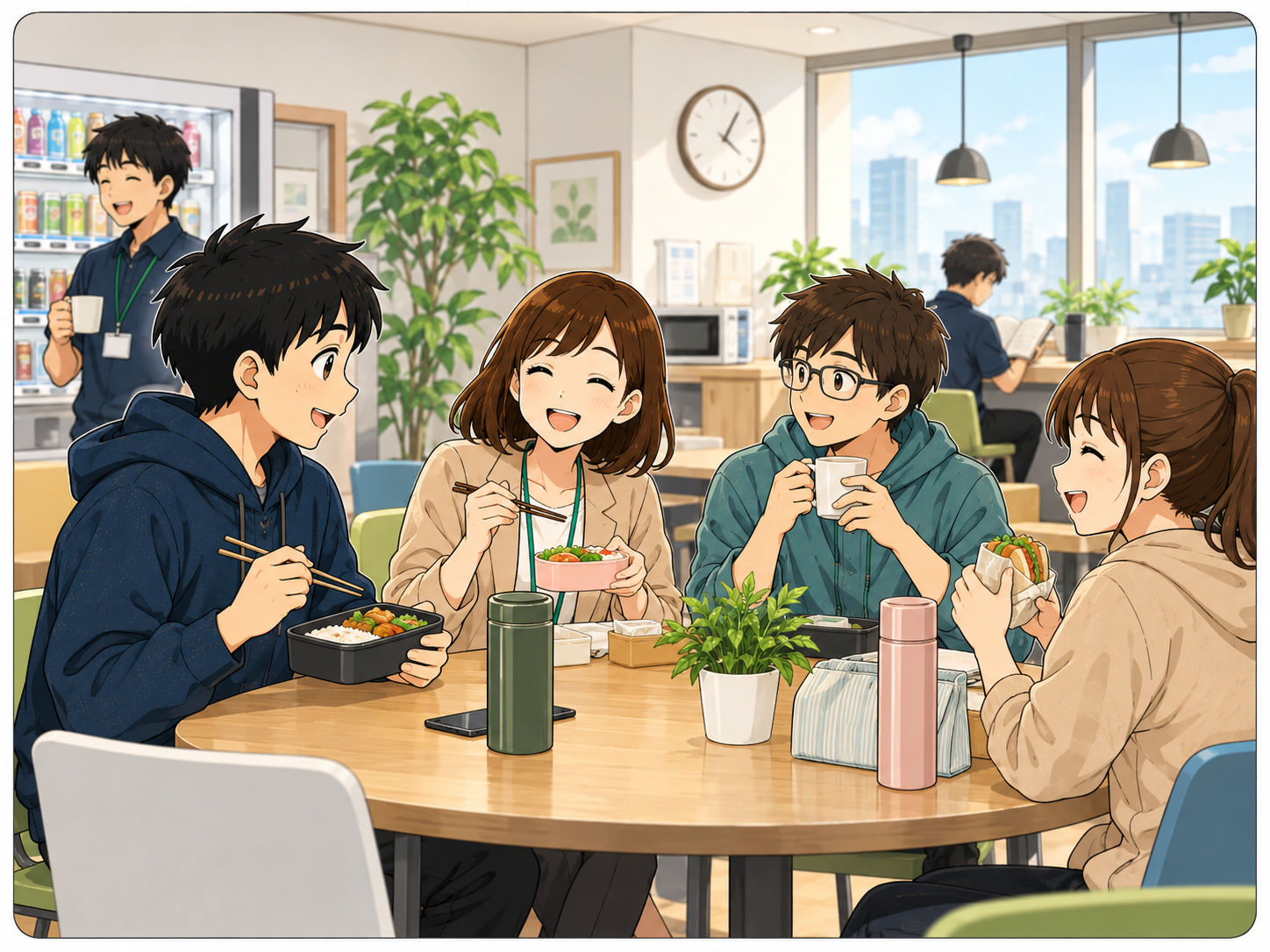 ④お昼休憩、他の利用者と楽しく食事をする主人公