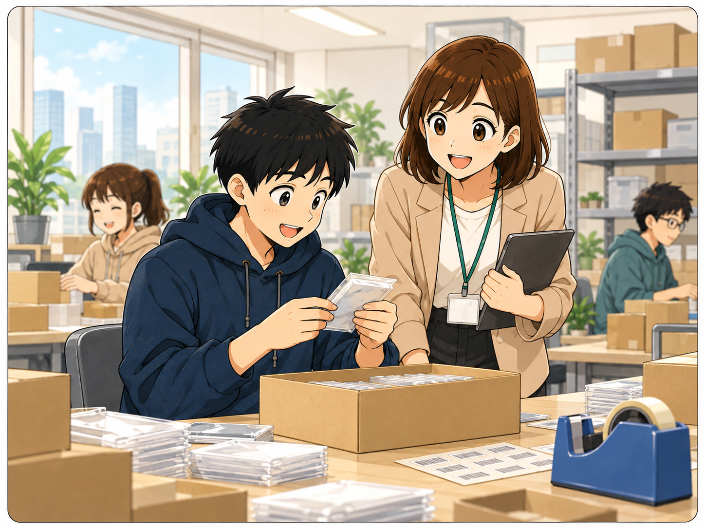 ⑤午後、新しい作業（梱包）に挑戦する主人公とスタッフ