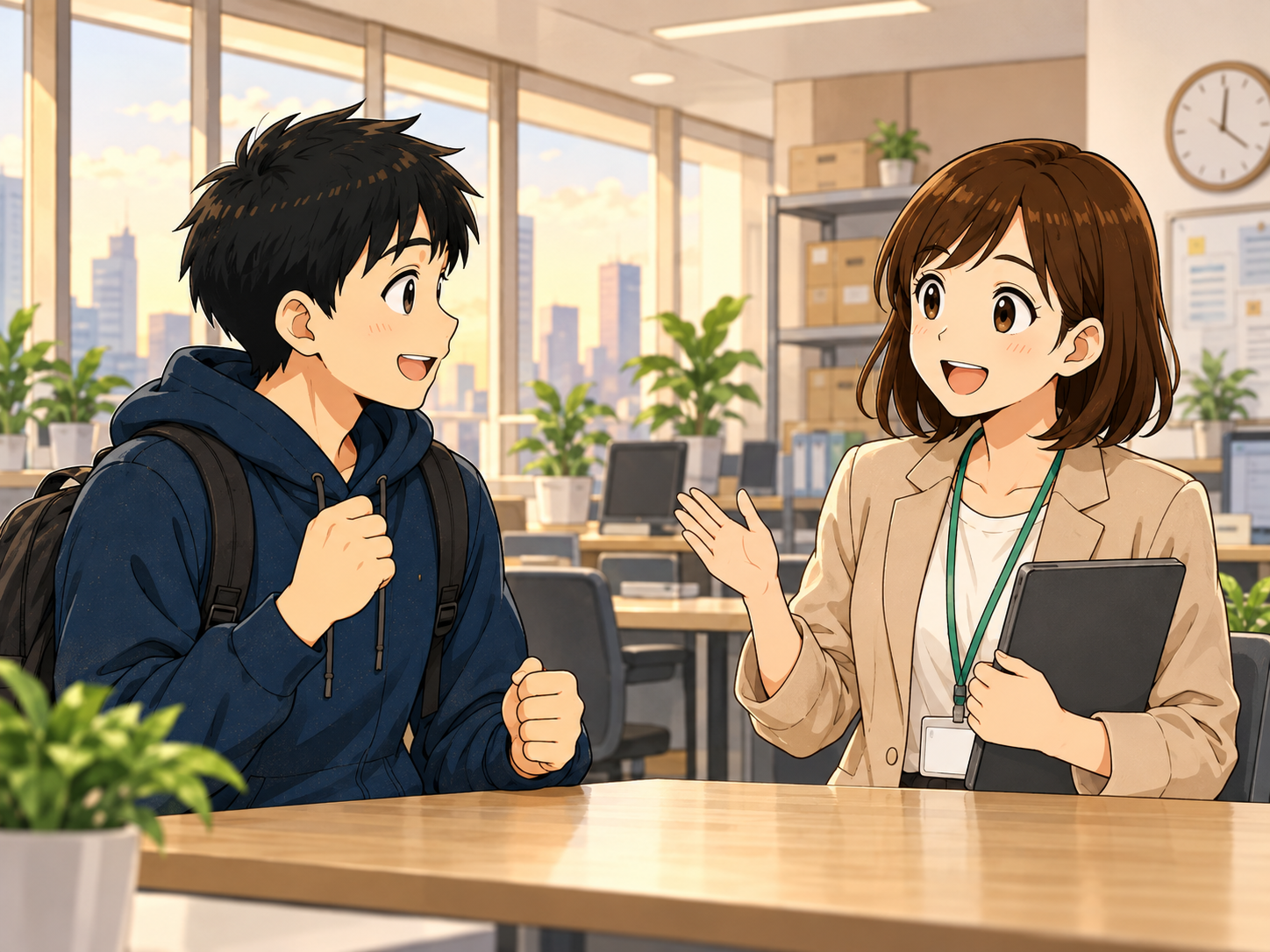 ⑥退勤前、スタッフと1日を振り返って話す主人公