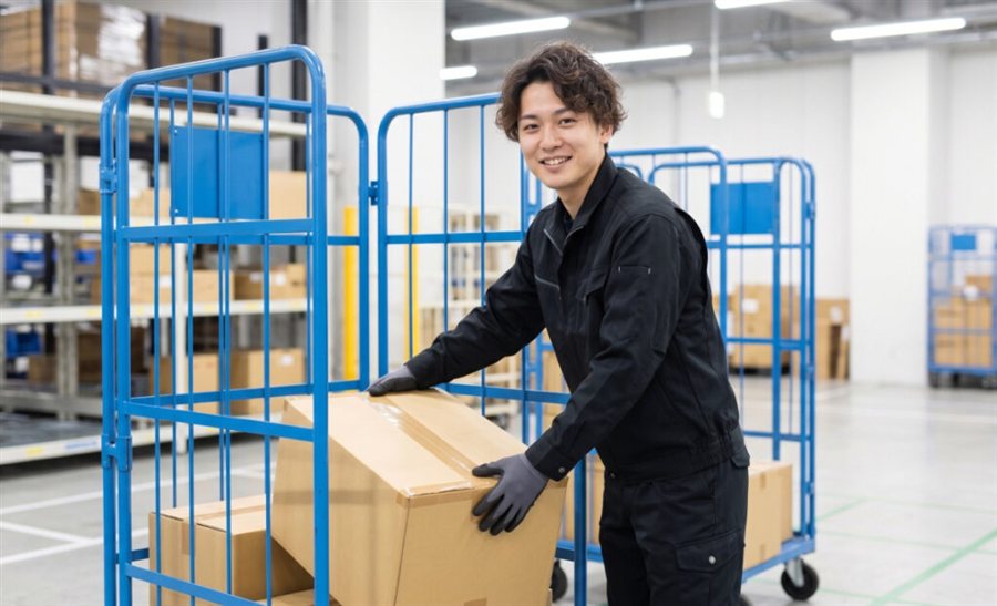 倉庫で荷物を運ぶスタッフ